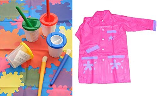 2to5 Children's Painting Set 4 Chubby Brushes, 4 Non-Spill Paint Pots, Pink PVC Painting Coat and a 150cm x 100cm Splashmat* (*randomly selected from 4 colourful designs)