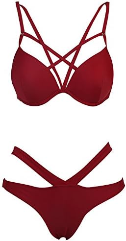 Vogueric Womens Sexy Strappy Bikini Swimsuit Push Up Padded Top Bathing Suit Red Small