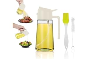 DD UNLIMITED Pulverizador de Aceite spray, Cristal de 470 ml, 2 en 1 con Cepillo de Limpieza y Pincel de Silicona. Dispensador de Aceite (Blanco)