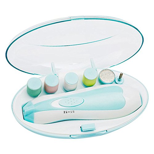 TOOGOO Lima de unas para bebes Recortador de unas electrico Juego de manicura con cortaunas, luz LED y 10 cabezales de molienda (Azul claro)