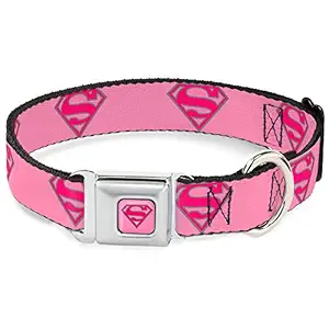 Buckle Down Seatbelt Buckle Dog Collar - Superman Shield Pink - 1.5
