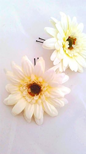 2 Ivory Mini Gerbera Daisies Artificial Hair Flower Pins