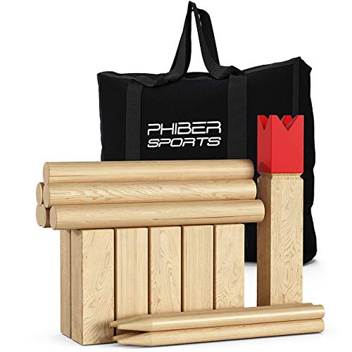 PHIBER-SPORTS Kubb Wikinger Schach aus Holz in Premium Qualität - Aus massivem Hartholz - Mit praktischer Tragetasche - Spiel für draußen - Holzspiel für Kinder und Erwachsene jeden Alters