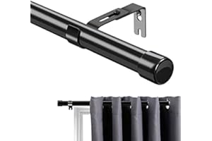 FLY HAWK Tringle à Rideaux, 76-450 cm Tringle à Rideau Extensible avec Boutons Cap avec Supports， Tringle à Rideaux Ensemble de Quincaillerie en Acier Inoxydable Réglable Fenêtre Décorative pour Salon/Noir