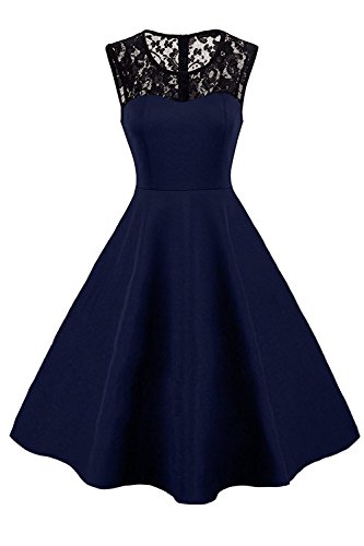 MisShow Robe Femme Vintage Rockabilly 40s 50s 60s Rétro sans Manche Mi Longue Au Genou Elégante Robe Femme Audrey Hepburn Swing Grande Taille Bleu Marine 2XL