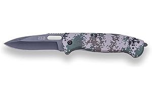 Joker Navaja con Apertura Manual JKR, Hoja pavonada de 8,5 cm de Acero INOX, Mango de Aluminio Color Camo Digital, Clip cinturón y rompecristales, JKR0527