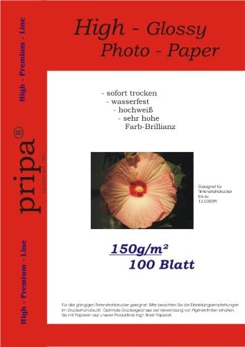 pripa100 sheets of Photo Paper A4 150 g / qm-glossy (shiny) instant dry and water resistant - bright white- high color brilliance, for inkjet printers
