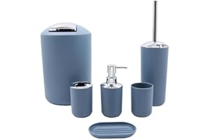 BM Set di Accessori da Bagno in Plastica, Set Accessori Bagno Completo 6 Pezzi, Dispenser, Portaspazzolino, Bicchiere, Portasaponetta, Portascopino, Pattumiera (Blu Avio)