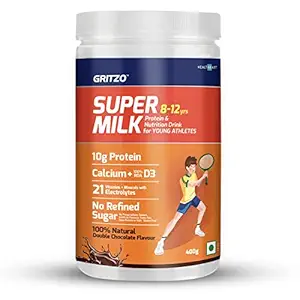 Gritzo SuperMilk 8-12y (Young Athletes), Kids Nutrition & Health Drink, High Protein (10 g), Calcium + D3, 21 Nutrients, Zero Refined Sugar, 100% Natural Double Chocolate Flavour, 400 g.