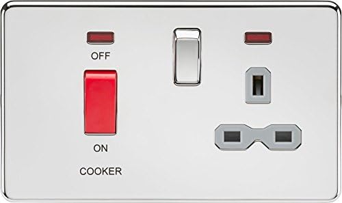 ML930 - POLISHED CHROME SCREWLESS 45A DP SWITCH & 13A SWITCHED SOCKET, IP20 W/ NEONS, GREY INSERT & 15YR WARRANTY