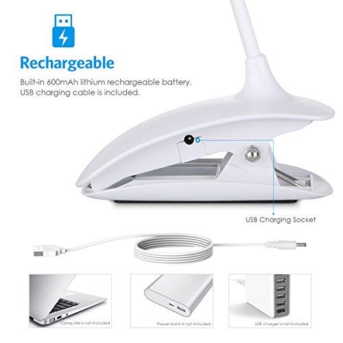 Amir LED Klemmleuchte, 16 LEDLeselampe, Buchlampe,Tischleuchte, Schreibtisch Lampe, Folding LED Tischleuchten USB Leselicht, 360 Grad Faltbare Tischlampe Licht (Weiß) - 5