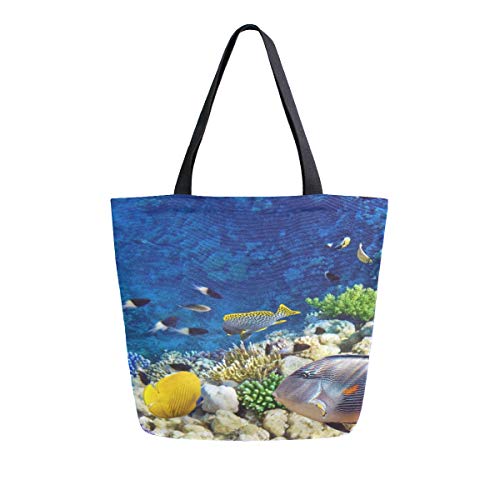 Preisvergleich Produktbild Schöne Unterwasserwelt Leben Tragbare Große Doppelseitige Lässige Leinwand Tragetaschen Handtasche Schulter Wiederverwendbare Einkaufstaschen Reisetasche Für Frauen Männer Lebensmittelgeschäft Reise