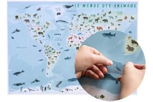 GEOMETRO Carte du monde pour enfants: Le monde des animaux, carte pour enfants en français, avec feuille d'autocollants, 84 x 60 cm