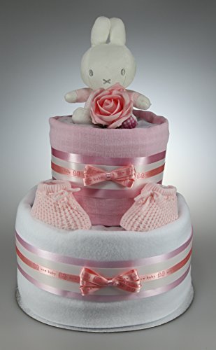 Baby Girl Two Tier Nappy Cake New Born Baby Shower Gift with Miffy Teddy