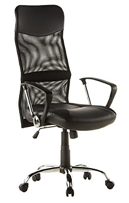 hjh OFFICE 668010 siège de direction, chaise de bureau ARTON 20 noir avec accoudoirs, dossier extra haut en tissu maille de qualité, respirant, assise en simili-cuir, piètement chromé, mécanisme de basculement