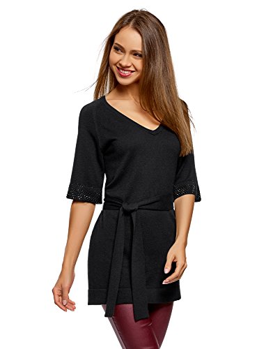 oodji Collection Femme Pull avec Ceinture et Strass sur Les Manches, Noir, FR 40 / M