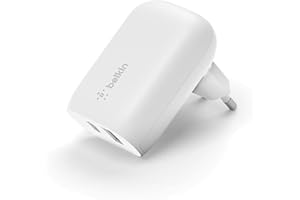 Belkin Cargador Doble de Pared de 37 W para Teléfono, Puerto USB-C PD de 25 W y USB-A de 13 W, Carga Rápida para Galaxy S23, S22, Ultra, Plus, Note 20, la Serie iPhone 14 y muchos Otros