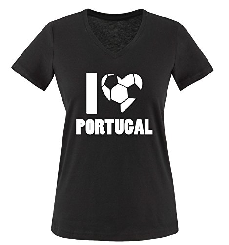 I LOVE PORTUGAL – Damen V-Neck T-Shirt – Schwarz / Weiss Gr. M