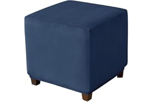 Highdi Velvet Square Ottoman Cover, Rectangle Stretch Footstool Slipcover, Stool Protector with Elastic Bottom, Dustproof Removable Washable Footrest Pouffe Covers (M, Navy Blue)