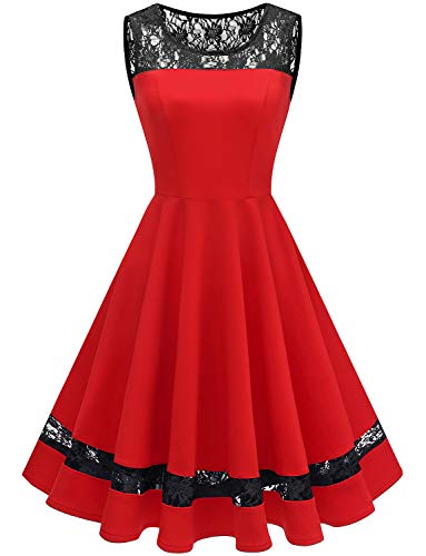 Gardenwed Robe Femme Vintage Années 50 Pin up Robe de Soirée Cocktail Cérémonie Style Audrey Hepburn Rockabilly Swing Col Rond Dentelle tansparente sans Manche Red Black M