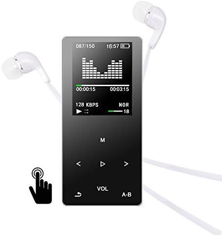 MP3 Player, Elinker 16GB Metal MP3 MP4 Player with touch buttons, 1.8 inch display, music player, 80 hours playback, FM radio, video, e-book support Extendable up to 128GB (black-16g)