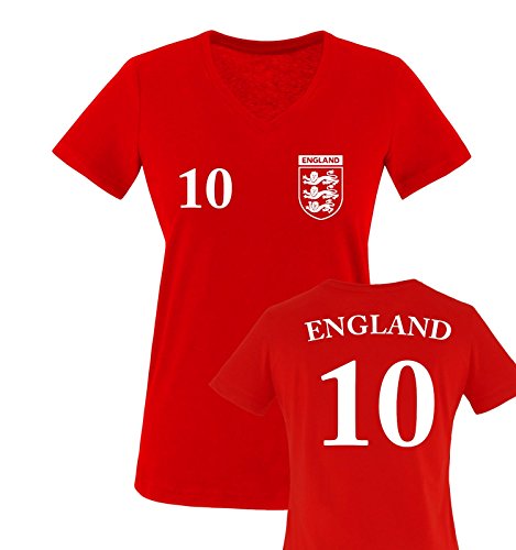 TRIKOT – ENGLAND – 10 – Damen V-Neck T-Shirt – Rot / Weiss Gr. L