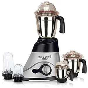 Sunmeet Black Color 1000Watts Mixer Grinder with 2 Bullet Jar Plus 3 Steel Jar and 1 Large Jar, 1 Medium Jar and 1 Chuntey Jar 2019 LF-Bk Make in India