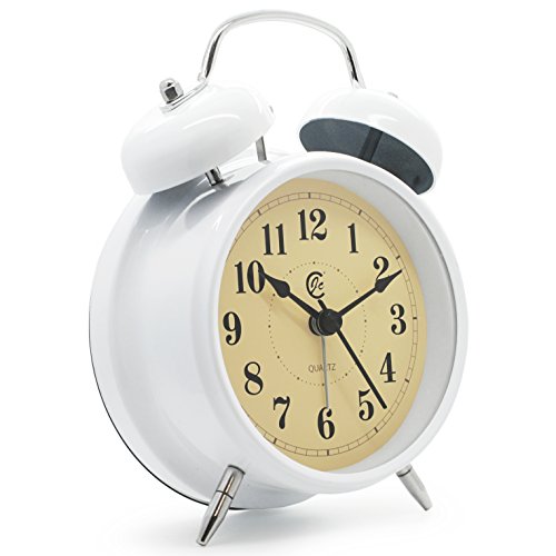 JCC Retro Doppelglocke wecker nicht tickende lautlos Analog Quarz Bedside Tischuhr mit 5 Minuten Snooze wiederholen Alarmfunktion, Nachtlicht und Loud Alarm – batteriebetrieben (Weiß) - 2