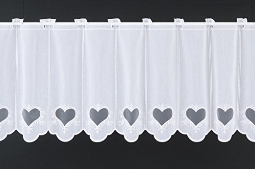 Scheibengardine bestickt mit Herz 45 cm hoch | Breite der Gardine durch gekaufte Menge in 15,5 cm Schritten wählbar | Farbe: weiß