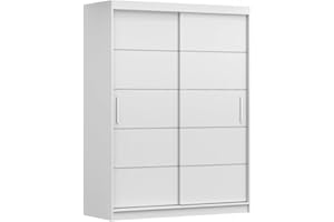 MOEBLO Kleiderschrank Schwebetürenschrank 2-türig Schrank mit vielen Einlegeböden und Kleiderstange Gaderobe Schiebtüren BxHxT 150x200x61 - Lara 6 (Weiß + Weiß)