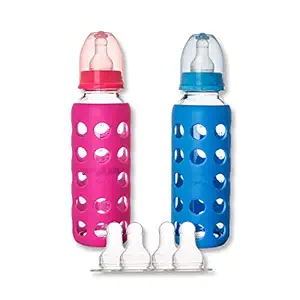 Naughty Kidz Premium Warmer Glass Bottle with Ultrasoft LSR Nipple||Silicone Bottle Warmer||Key TEETHER||Hood Retaining Cap and Sealing DISC Ring -240ML+240ML (Pink+Blue)