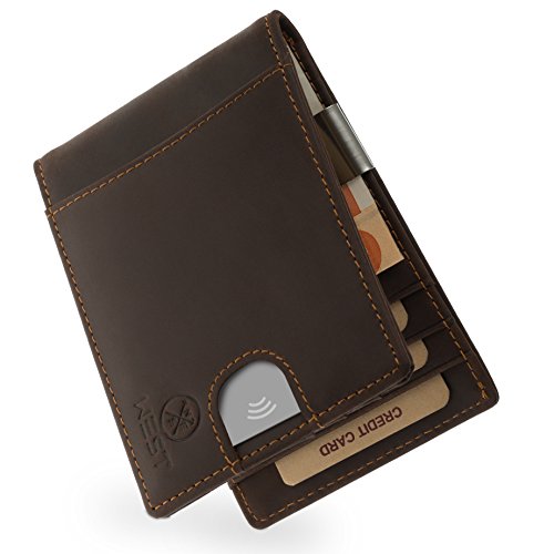 Preisvergleich Produktbild WEST - Geldbörse mit Geldklammer I Kreditkartenetui Herren (Braun) Echtleder Portmonee Vintage Münzfach Kreditkartenhalter Brieftasche Portemonnaie Geldbeutel Slim-Wallet Kartenbörse mit RFID