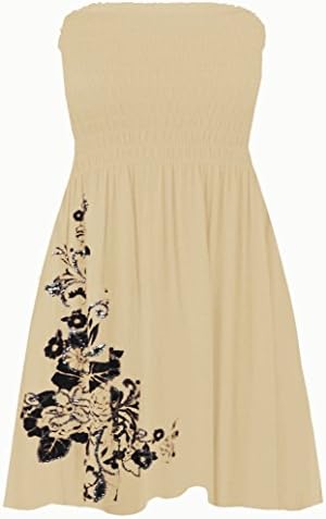 Womens Floral Mini Dress Ladies Sheering Bandeau Boobtube Strapless Top 8-14 (UK 10, Stone)