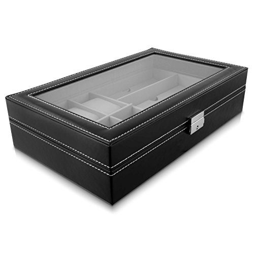VENKON – 2 in 1 Uhrenbox & Brillenbox mit Schaufenster aus Glas für Aufbewahrung von 6 Uhren & 3 Brillen – Kunstleder Schwarz – 33 x 20 x 8 cm - 2