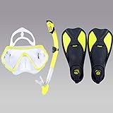 "Ideal para compartir entre familiares y amigos o para departamentos de alquiler; diseñado para snorkeling, buceo, nadar largos; cuchillas livianas y sensibles; las aletas se mantienen en su lugar contra el pie a pesar del aumento de la presión hidrostática.