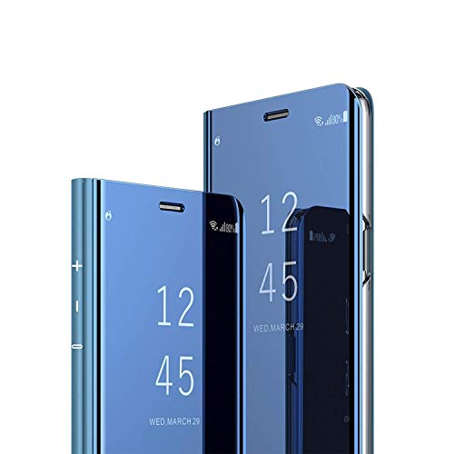 FancyArt Electroplate Clear Smart Sleep Wake Kickstand Mirror View Flip Cover for Xiaomi Redmi Note 5 Pro (Blue)