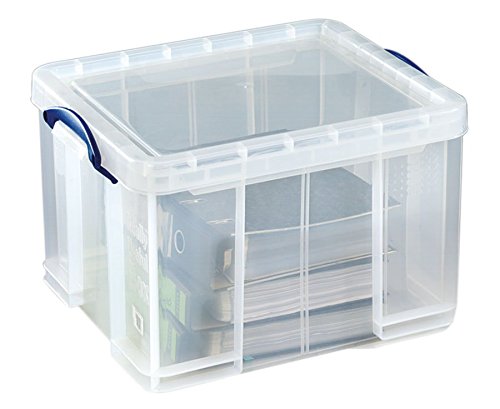 Aufbewahrungsbox 42 Liter mit abnehmbarem Deckel, robuster Kunststoff, transparent und stapelbar, Außenmaß BxTxH: 520 x 440 x 310 mm