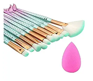 Womens & Girls SMWF 10 Multicolour Mermaid Makeup Brushes Set and 1 Pink Beauty Blender - (Pack of 11)