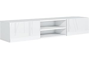 meble masztalerz Wisząca Szafka RTV 160 cm - Biała - Fronty Wysoki Połysk - 2 Półki & 2 x Drzwi - Szafka pod Telewizor do Salonu- Nowoczesna z Miejscem do Przechowywania