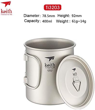 Keith Single Wall Ultralight Titanium Cup with Folding Handle and Lid for Camping Hiking Backpacking Traveling Picnic(Ti3203)
