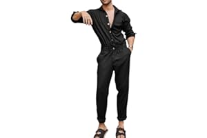Oanviso Herren Overalls Einteiliges One-piece Sommer Jumpsuit Einfarbig Set Kurzarm mit Reißverschluss Hose Lang mit Taschen Mode Casual Overall Hemd mit Revers