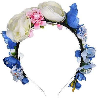 OKBO Flower Floral Headband Crown Garland - Adjustable Bohemian Bridal Flower Wreath Wedding Headpiece for Women Girls Hair Accessories Festival Wedding Party Blue - White - Pink