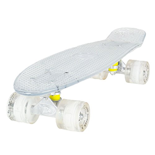 Land Surfer Monopatín Cruiser Retro Completo 56 Centímetros - Tabla Transparente Y Ruedas Blancas Con LED