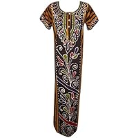 Mogul Interior Women's Resort Wear Caftan Maxi Dress Brown Printed Night Wear L