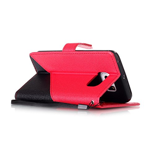 Galaxy S6 Edge Hülle,Samsung S6 Edge Leder Case,Sunroyal PU Leder Brieftasche Schutzhülle Tasche Handyhülle Schutz Hüllen im Bookstyle Ledertasche mit Stand Funktion Kartenfächer Magnetverschluss Magnet Etui Schale Schutzhüllen,Retro Schwarz Rot Muster Entwurf Flip Klapp Cover Tasche mit Strap Kartensteckplatz Hinterschale Kartenschlitz mit Silikon Kratzfest für Samsung Galaxy S6 Edge + HD Super Klare Displayschutzfolie - 5