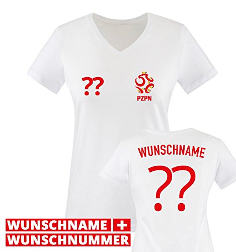 TRIKOT – PO – WUNSCHDRUCK – Damen V-Neck T-Shirt – Weiss / Rot-Gold Gr. XXL