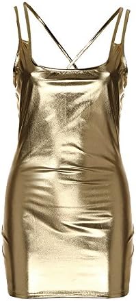 BESTOPPEN Womens Sexy Lingerie Dress,Women Ladies Sexy Hot Sleeveless Strap Dress Clubwear Stripper Dress Lingerie Jumpsuits Clubwear Stripper Patent Leather Underwear Wild Corset Temptation (Gold)