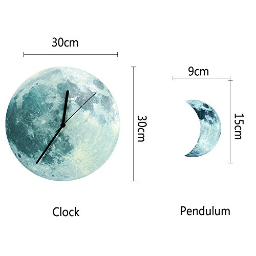 HYSENM Mond leuchtende ruhige nicht-tickende lautlose Pendeluhr Wanduhr mit Pendel im Dunkel leuchtend geeignet für Kinderzimmer Schlafzimmer aus Acryl, Durchmesser 30cm Mondsichel mit Druck - 4