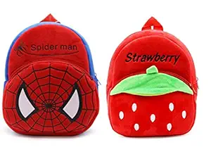 Blue Tree Kids School Bag Soft Plush Backpack Cartoon Bags Combo Mini Travel Bag for for Girls Boys Toddler Baby (Spiderman & Red Strawberry)