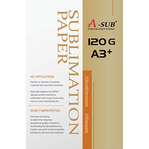 A-SUB Papel de sublimación A3+, 13 x 19 pulgadas, 330 x 483 mm, 100 hojas, 120 g/m², compatible con todas las impresoras de inyección de tinta